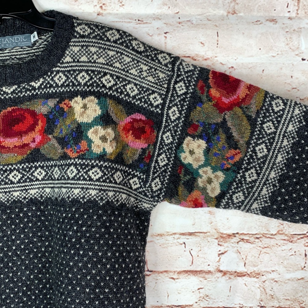 Icelandic Design Sweater Nordic Floral Gray Neck 100% Wool Size M - Picture 3 of 10